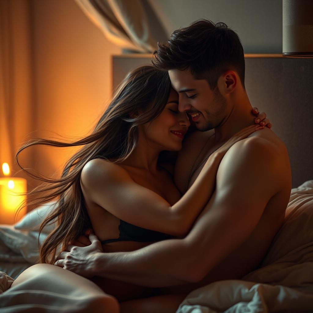 A cinematic scene featuring a passionate couple in an intimate moment, capturing deep emotions and connection