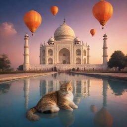 A fantastic rendition of the Taj Mahal bathed in a beautiful sunset, with a giant cat sleeping atop the dome and ethereal floating lanterns punctuating the sky