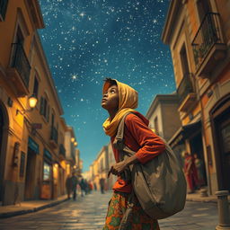 A young black street vendor in Spain, escaping with a bag of loot slung over his shoulder, lost in thought about the Magi from the East traveling under a starry sky