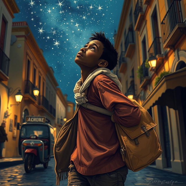 A young black street vendor in Spain, escaping with a bag of loot slung over his shoulder, lost in thought about the Magi from the East traveling under a starry sky