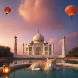 A fantastic rendition of the Taj Mahal bathed in a beautiful sunset, with a giant cat sleeping atop the dome and ethereal floating lanterns punctuating the sky