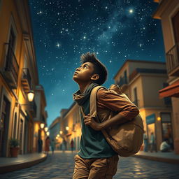 A young black street vendor in Spain, escaping with a bag of loot slung over his shoulder, lost in thought about the Magi from the East traveling under a starry sky