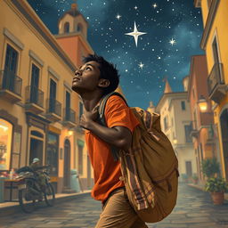 A young black street vendor in Spain, escaping with a bag of loot slung over his shoulder, lost in thought about the Magi from the East traveling under a starry sky