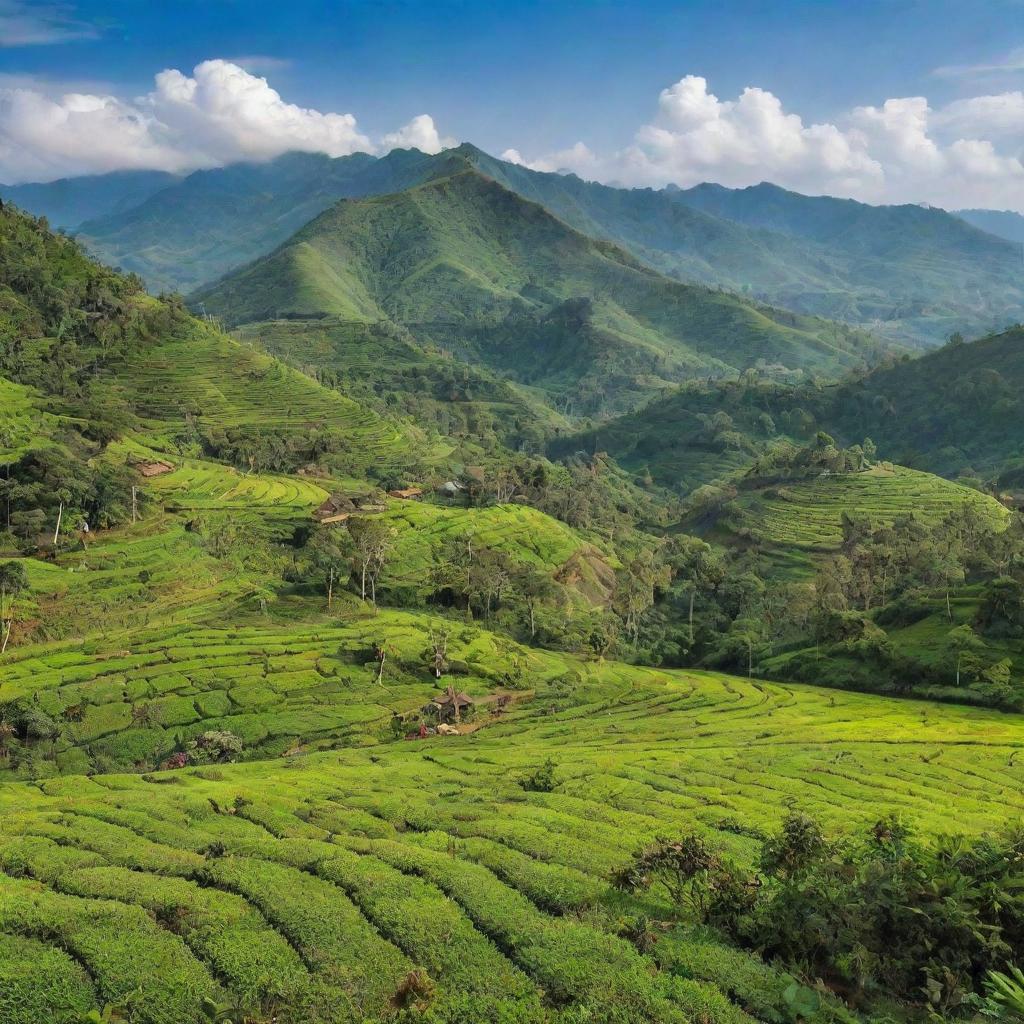 An idyllic view of Sri Lankan culture and landscape, featuring lush green tea plantations, vibrant local markets, and historic Buddhist temples under a clear blue sky.