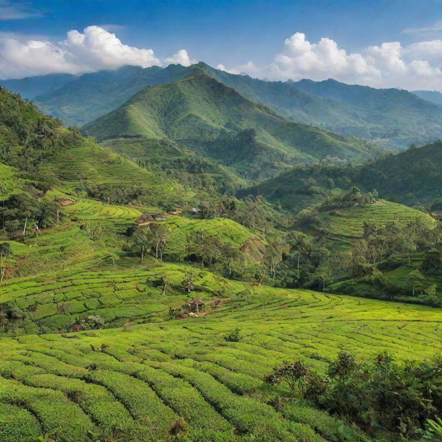 An idyllic view of Sri Lankan culture and landscape, featuring lush green tea plantations, vibrant local markets, and historic Buddhist temples under a clear blue sky.