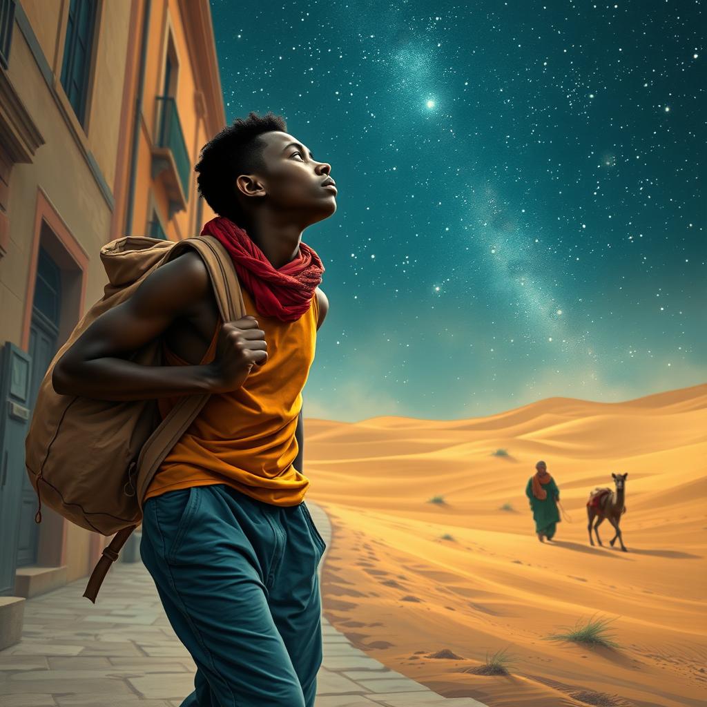 A young black street vendor in Spain, fleeing with a bag of loot slung over his shoulder, lost in thought about the Magi from the East traveling through the desert under a starry sky