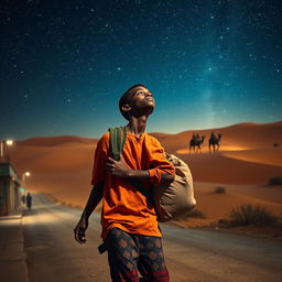 A young black street vendor in Spain, fleeing with a bag of loot slung over his shoulder, lost in thought about the Magi from the East traveling through the desert under a starry sky