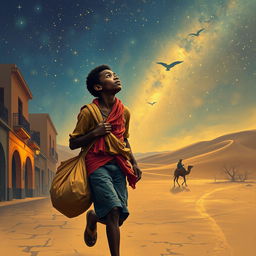 A young black street vendor in Spain, fleeing with a bag of loot slung over his shoulder, lost in thought about the Magi from the East traveling through the desert under a starry sky