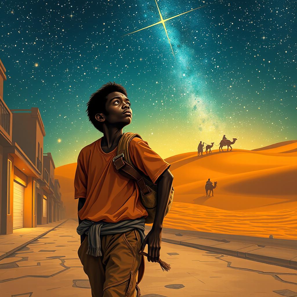 A young black street vendor in Spain, fleeing with a bag of loot slung over his shoulder, lost in thought about the Magi from the East traveling through the desert under a starry sky