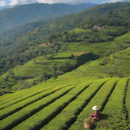 An idyllic view of Sri Lankan culture and landscape, featuring lush green tea plantations, vibrant local markets, and historic Buddhist temples under a clear blue sky.