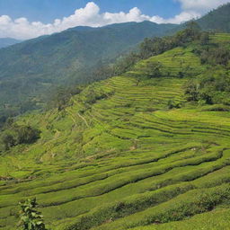 An idyllic view of Sri Lankan culture and landscape, featuring lush green tea plantations, vibrant local markets, and historic Buddhist temples under a clear blue sky.