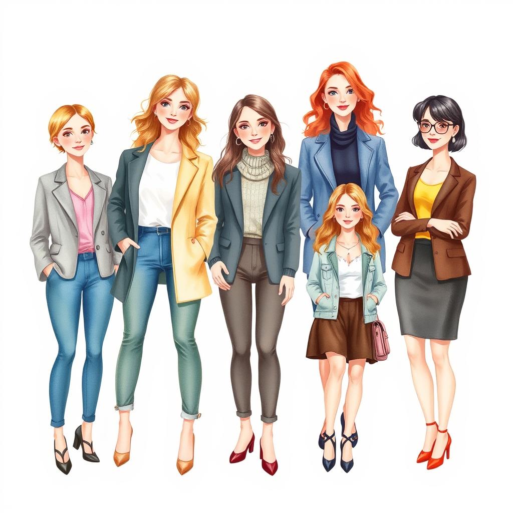 A creative watercolor illustration featuring nine attractive 40-year-old women, each representing a different personality type from the Enneagram