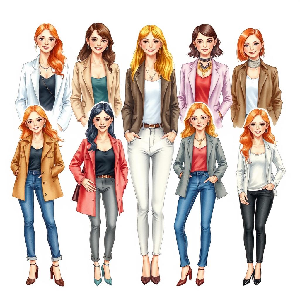 A creative watercolor illustration featuring nine attractive 40-year-old women, each representing a different personality type from the Enneagram