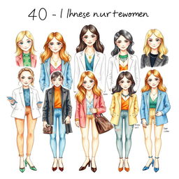 A creative watercolor illustration featuring nine attractive 40-year-old women, each representing a different personality type from the Enneagram