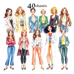 A creative watercolor illustration featuring nine attractive 40-year-old women, each representing a different personality type from the Enneagram