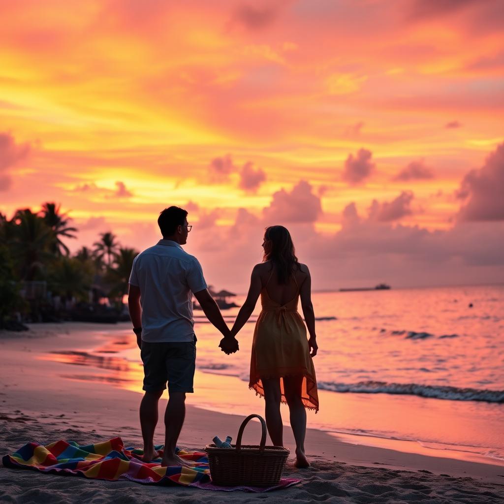 A breathtaking sunset over a tropical beach, with vibrant orange and pink hues blending in the sky, reflecting on the calm ocean waves