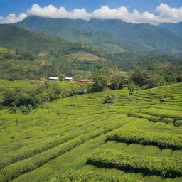 An idyllic view of Sri Lankan culture and landscape, featuring lush green tea plantations, vibrant local markets, and historic Buddhist temples under a clear blue sky.