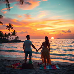 A breathtaking sunset over a tropical beach, with vibrant orange and pink hues blending in the sky, reflecting on the calm ocean waves