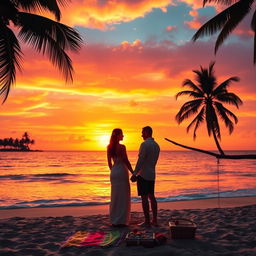 A breathtaking sunset over a tropical beach, with vibrant orange and pink hues blending in the sky, reflecting on the calm ocean waves