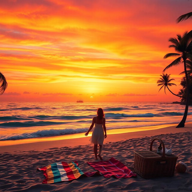 A breathtaking sunset over a tropical beach, with vibrant orange and pink hues blending in the sky, reflecting on the calm ocean waves