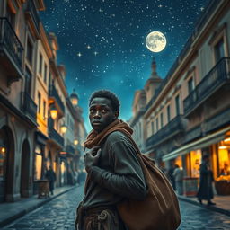 A young Black street vendor in Spain, escaping, with a bag of loot slung over his shoulder