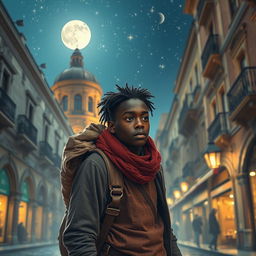 A young Black street vendor in Spain, escaping, with a bag of loot slung over his shoulder