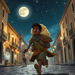 A young Black street vendor in Spain, running with a bag of loot over his shoulder