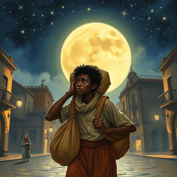 A young Black street vendor in Spain, fleeing with a bag of loot over his shoulder, deep in thought about the Three Wise Men journeying through the desert beneath a vast, starry sky