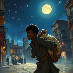 A young Black street vendor in Spain, fleeing with a bag of loot over his shoulder, deep in thought about the Three Wise Men journeying through the desert beneath a vast, starry sky