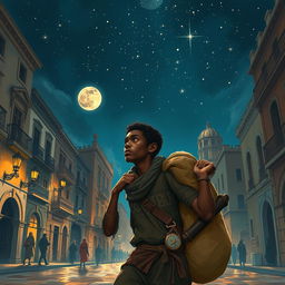 A young Black street vendor in Spain, fleeing with a bag of loot over his shoulder, deep in thought about the Three Wise Men journeying through the desert beneath a vast, starry sky