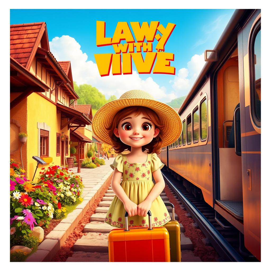 A vibrant movie poster featuring a young girl arriving in a quaint village by train