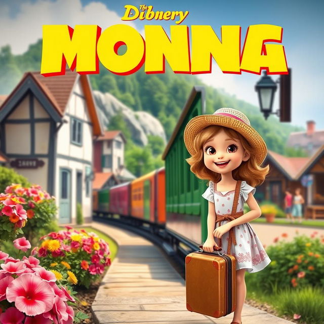 A vibrant movie poster featuring a young girl arriving in a quaint village by train