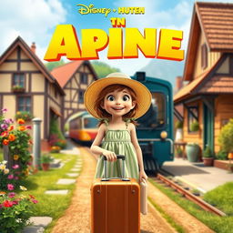 A vibrant movie poster featuring a young girl arriving in a quaint village by train