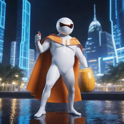 A super heroic coconut AI, crackling with electric circuit patterns, wearing a cape, striking a pose and sipping on a tropical juice, in a backdrop of a futuristic, high-energy cyber environment.