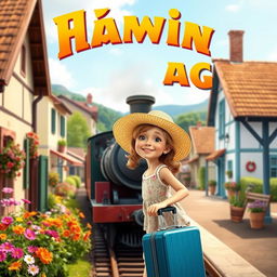 A vibrant movie poster featuring a young girl arriving in a quaint village by train