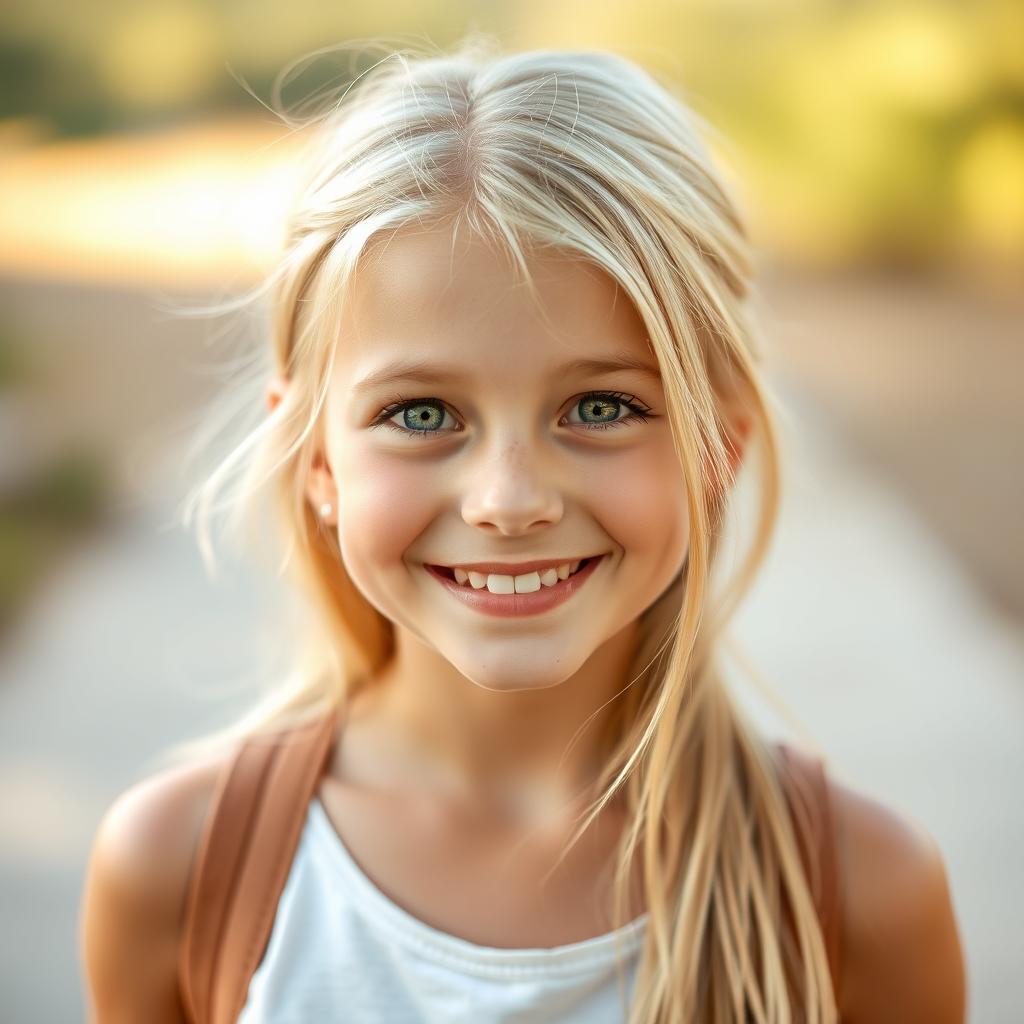 A portrait of a beautiful blonde girl standing at 1