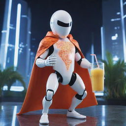 A super heroic coconut AI, crackling with electric circuit patterns, wearing a cape, striking a pose and sipping on a tropical juice, in a backdrop of a futuristic, high-energy cyber environment.