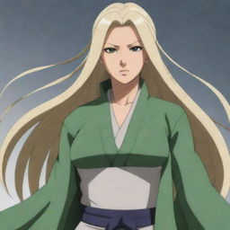 Create an illustration of Tsunade, a character from the anime Naruto. She should be depicted as a powerful and charismatic woman with blonde hair, wielding a large fan.