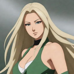 Create an illustration of Tsunade, a character from the anime Naruto. She should be depicted as a powerful and charismatic woman with blonde hair, wielding a large fan.