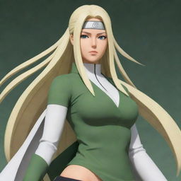 Create an illustration of Tsunade, a character from the anime Naruto. She should be depicted as a powerful and charismatic woman with blonde hair, wielding a large fan.