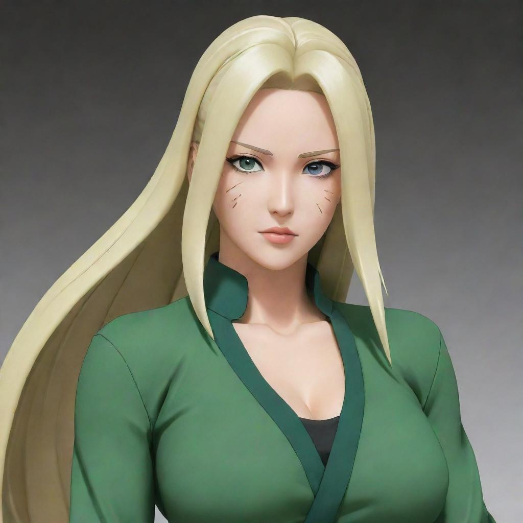 Create an illustration of Tsunade, a character from the anime Naruto. She should be depicted as a powerful and charismatic woman with blonde hair, wielding a large fan.