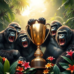 A celebratory scene featuring a group of joyful gorillas proudly displaying a shiny trophy in a vibrant jungle setting