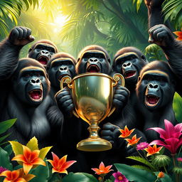 A celebratory scene featuring a group of joyful gorillas proudly displaying a shiny trophy in a vibrant jungle setting