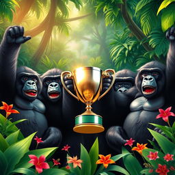 A celebratory scene featuring a group of joyful gorillas proudly displaying a shiny trophy in a vibrant jungle setting