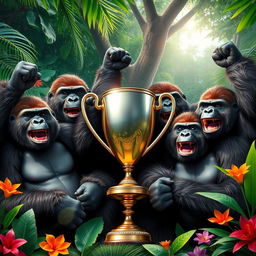 A celebratory scene featuring a group of joyful gorillas proudly displaying a shiny trophy in a vibrant jungle setting