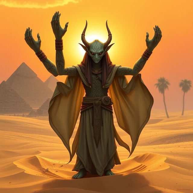 A Thri-kreen character from Dungeons & Dragons, inspired by ancient Egyptian culture, depicted in a serene pose of prayer