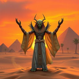 A Thri-kreen character from Dungeons & Dragons, inspired by ancient Egyptian culture, depicted in a serene pose of prayer