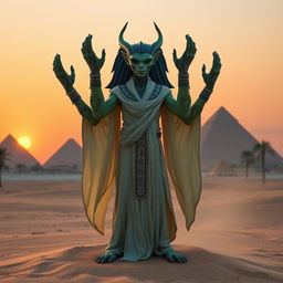 A Thri-kreen character from Dungeons & Dragons, inspired by ancient Egyptian culture, depicted in a serene pose of prayer