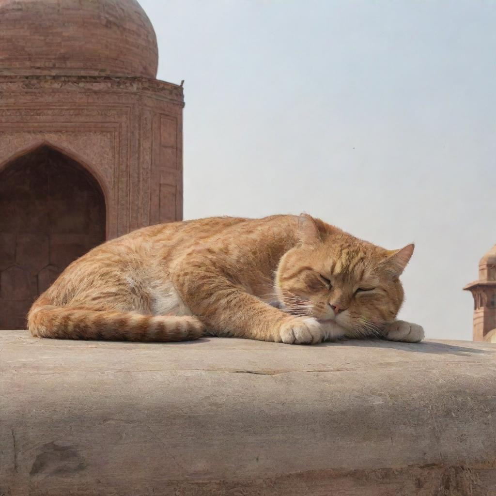 An unexpected sight of a giant cat lounging in relaxation on the majestic dome of the Taj Mahal