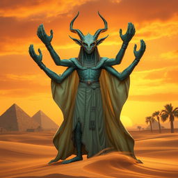 A Thri-kreen character from Dungeons & Dragons, inspired by ancient Egyptian culture, depicted in a serene pose of prayer